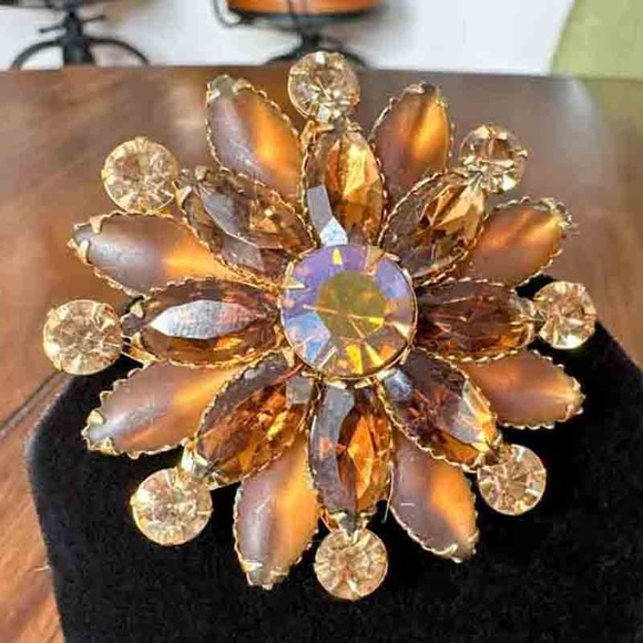 Vintage Signed Judy Lee Rhinestone Brooch Amber Aurora Borealis Star 2" c1970s - Picture 12 of 12
